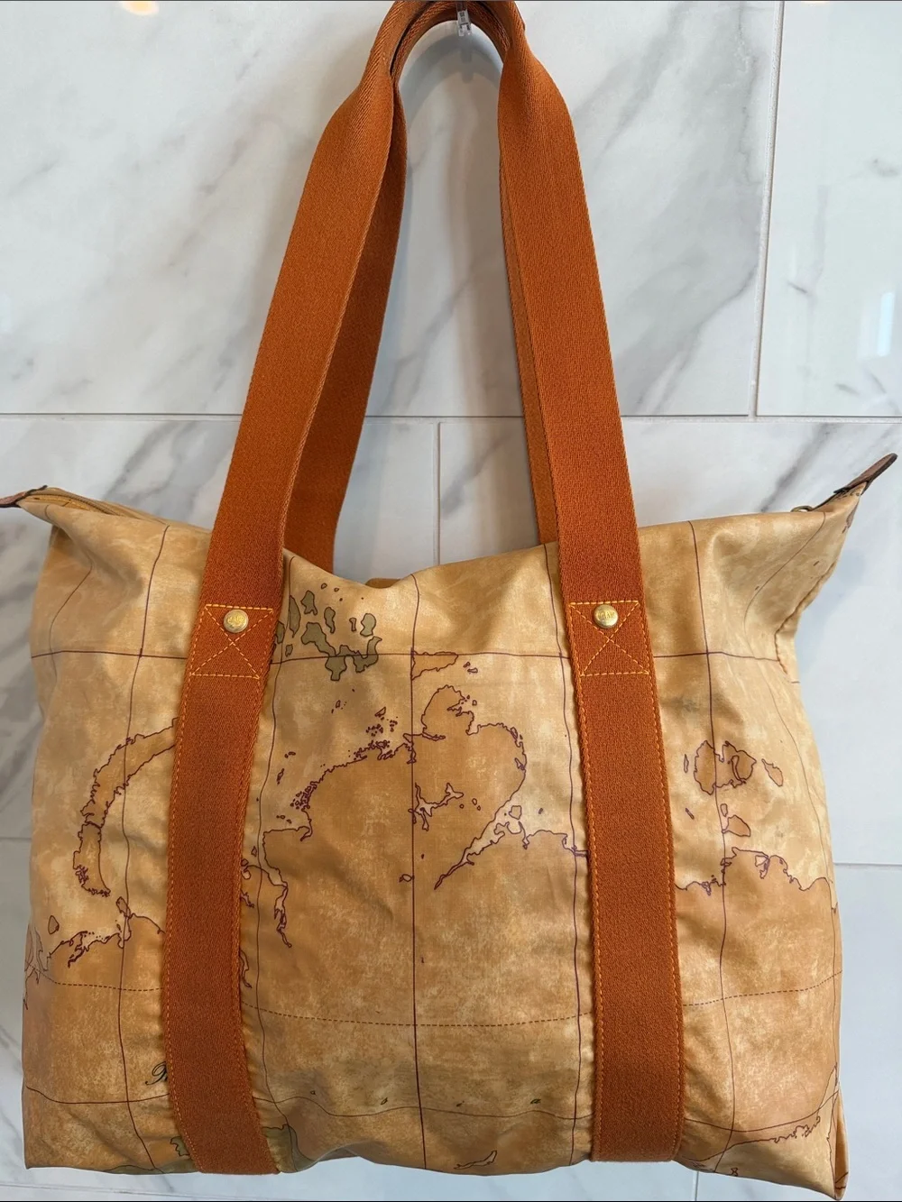 Alviero Martini Map-Print Duffel with Orange Straps